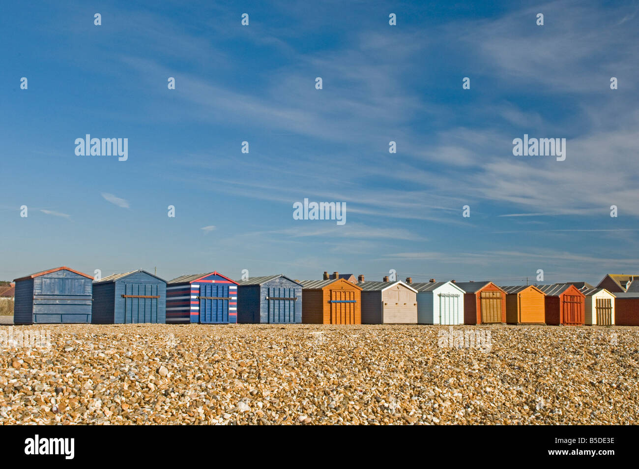 Beach huts locked up for winter, Hayling Island, Hampshire, England, Europe Stock Photo