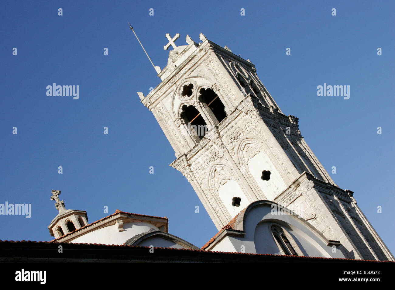 Church tower in the Cypriot village of Lefkara Stock Photo
