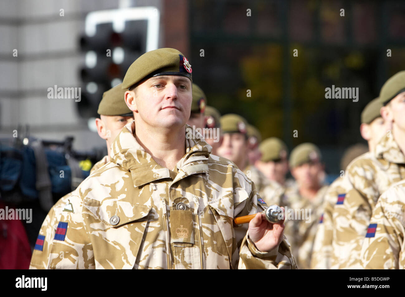 British Army major marching with members of the Royal Irish Regiment RIR parade at homecoming from Iraq and Afghanistan belfast Stock Photo
