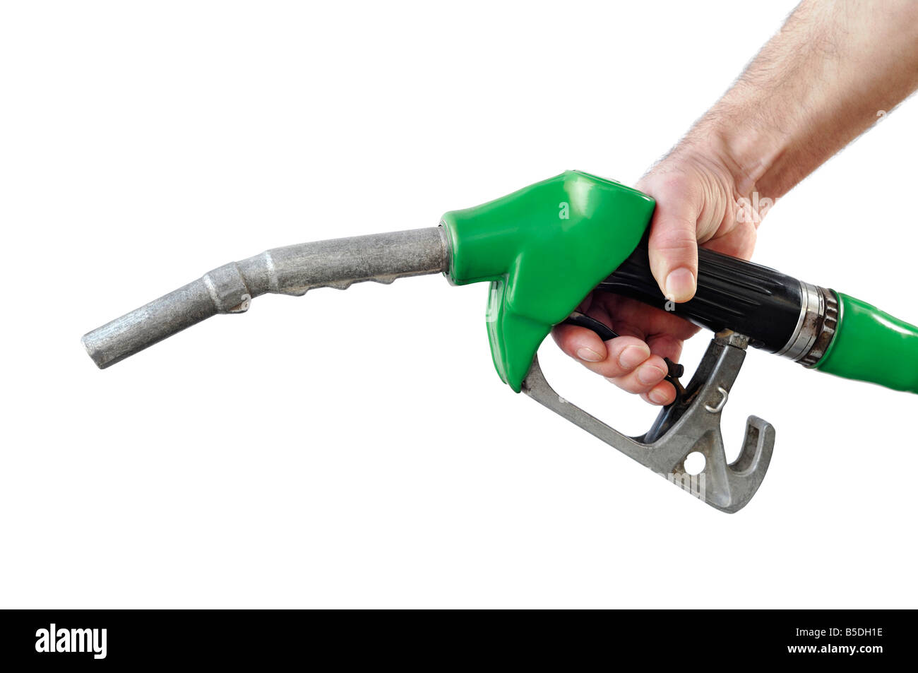 Hand Holding an Unleaded Petrol Pump Nozzle Against a White Background Stock Photo