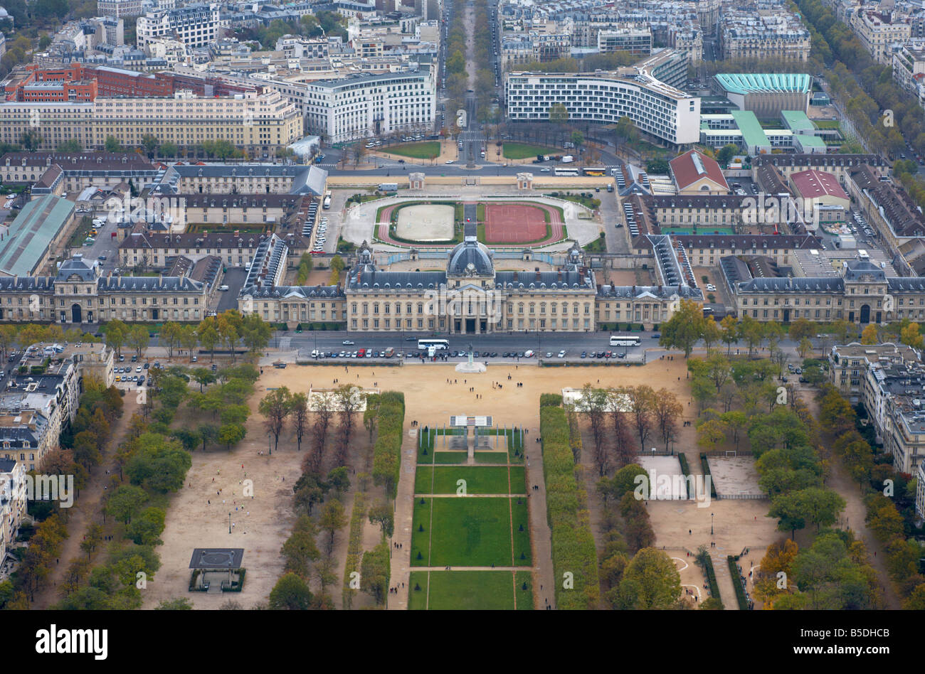 View towards the Ecole Militaire from the top of the Eiffel Tower Paris France Stock Photo