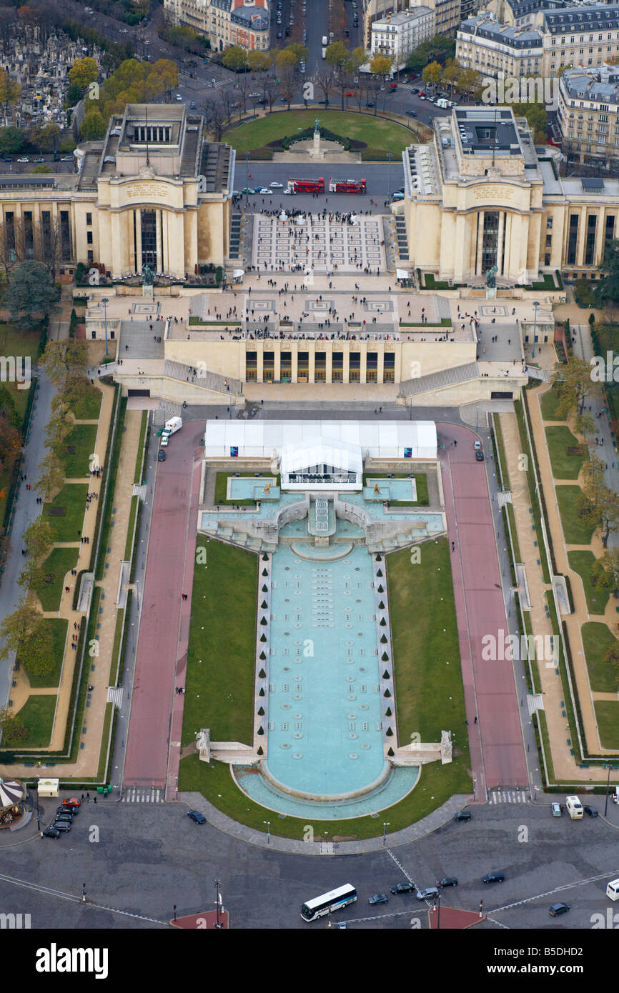 View towards the Palais de Chaillot and Trocadero from top of the Eiffel Tower Paris France Stock Photo