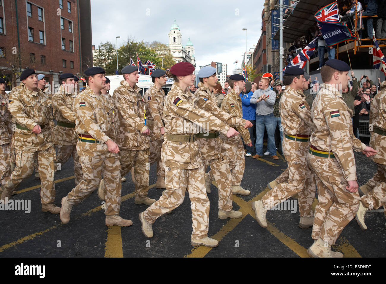 members of the Royal Irish Regiment RIR parade at homecoming from Iraq and Afghanistan in Belfast City Centre Stock Photo