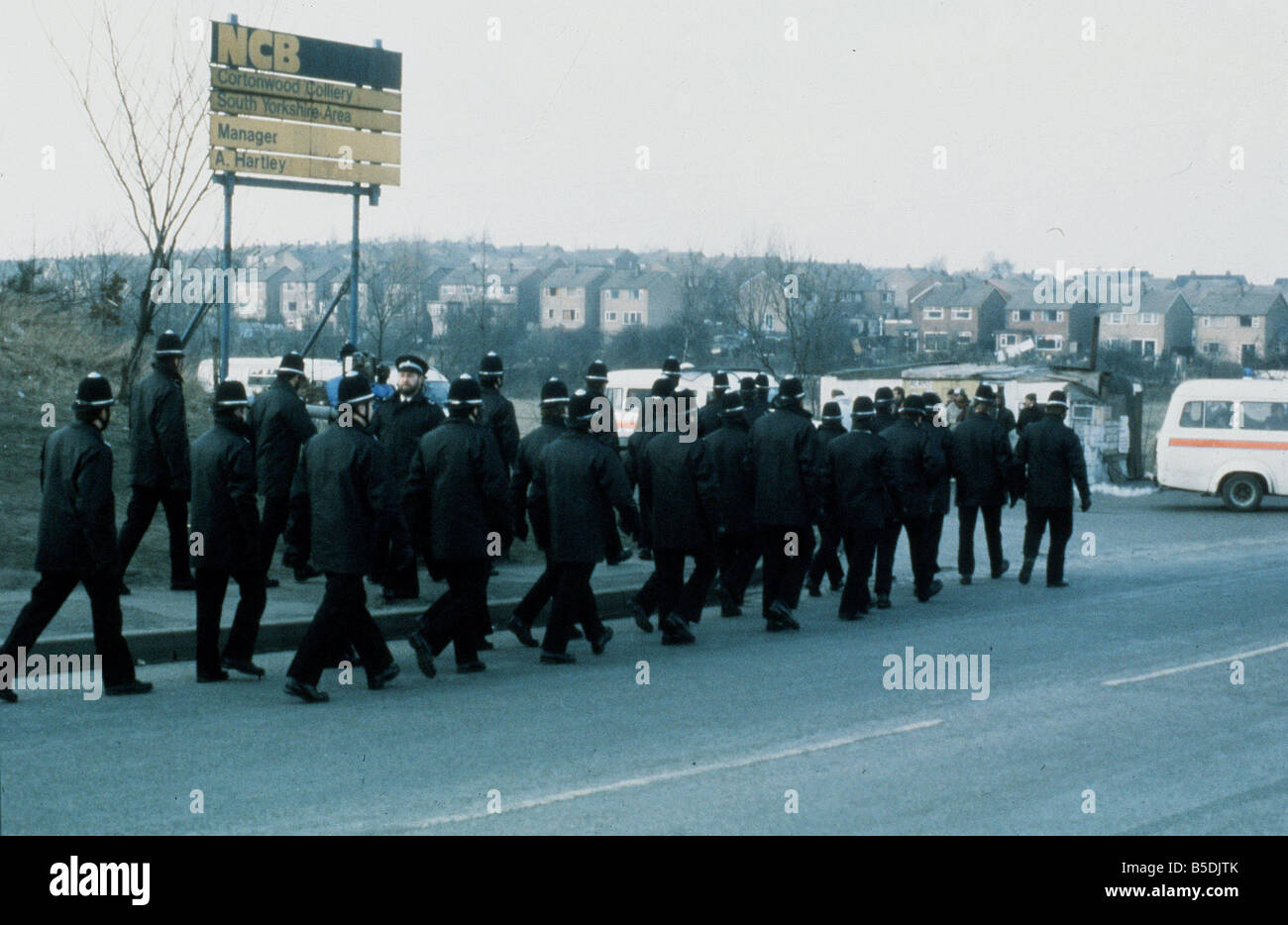 Miners strike 1984 police marching to picket line Cortonwood Colliery