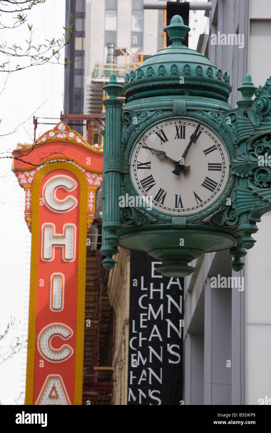 The Marshall Field Building Clock and Chicago Theatre behind, Chicago