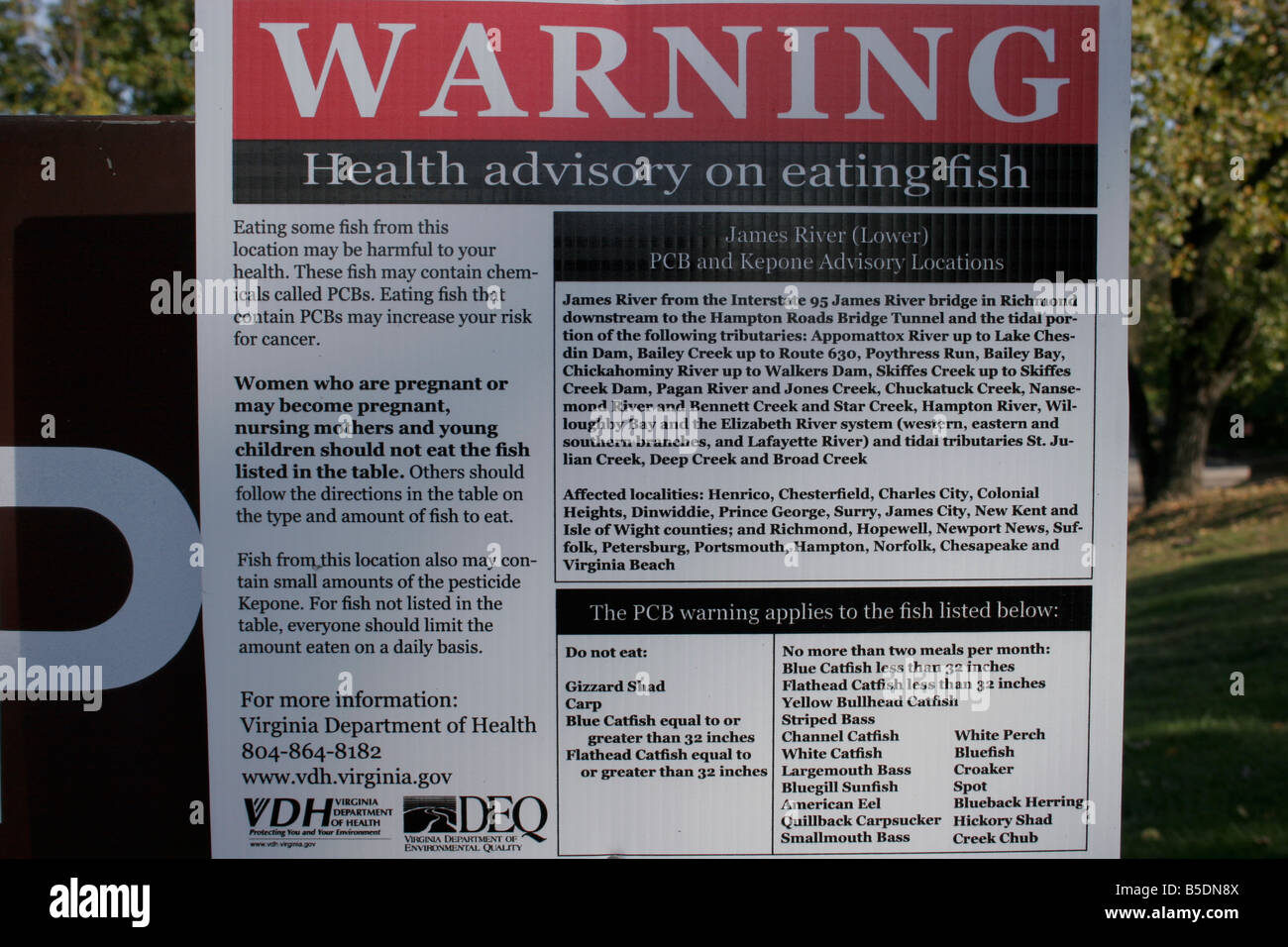 sign warning of contaminated fish inparts of the james river Stock ...