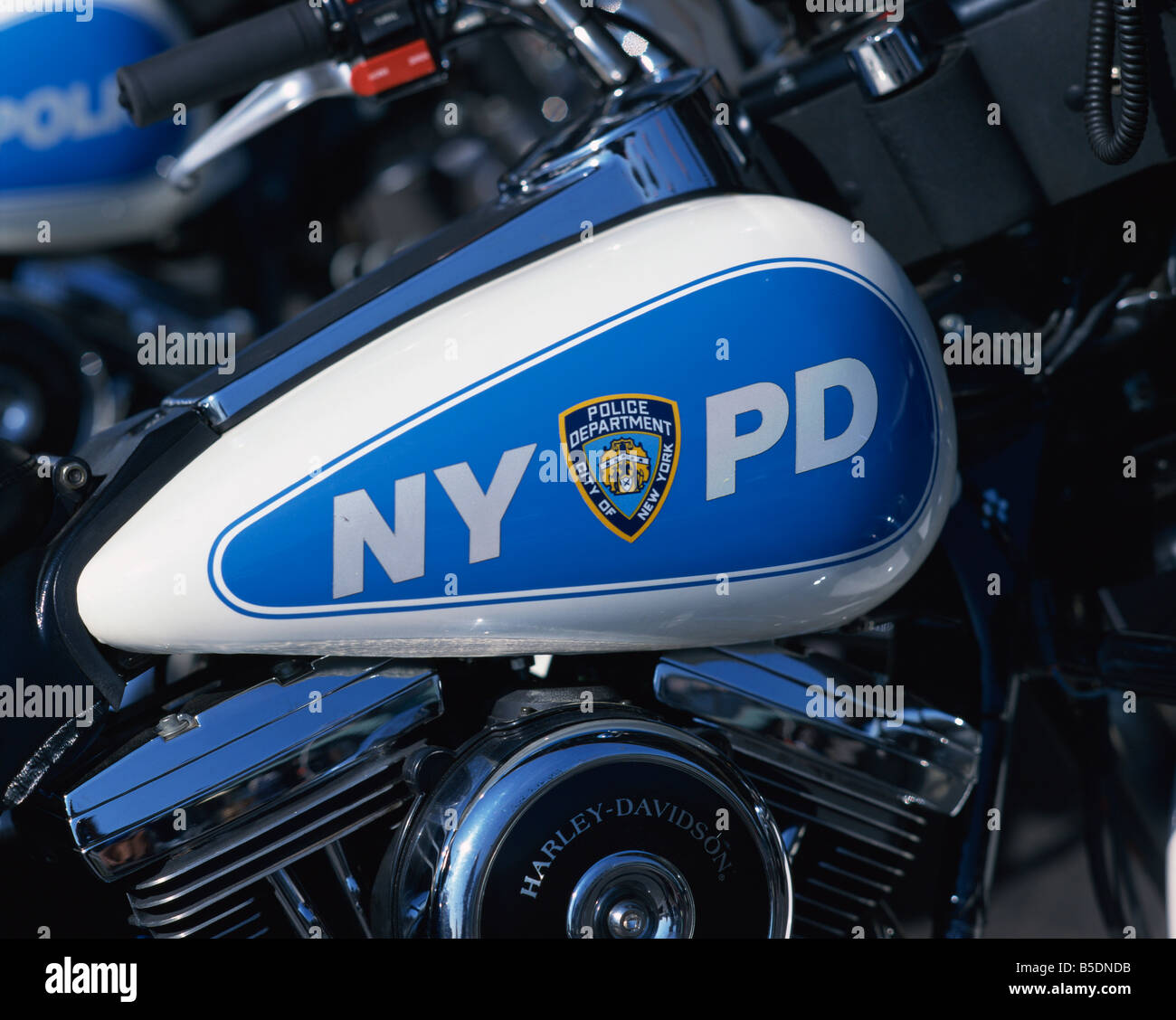 Close-up of Harley Davidson motorcycle with insignia of the City of New York Police Department, NYPD, on side, in New York, USA Stock Photo