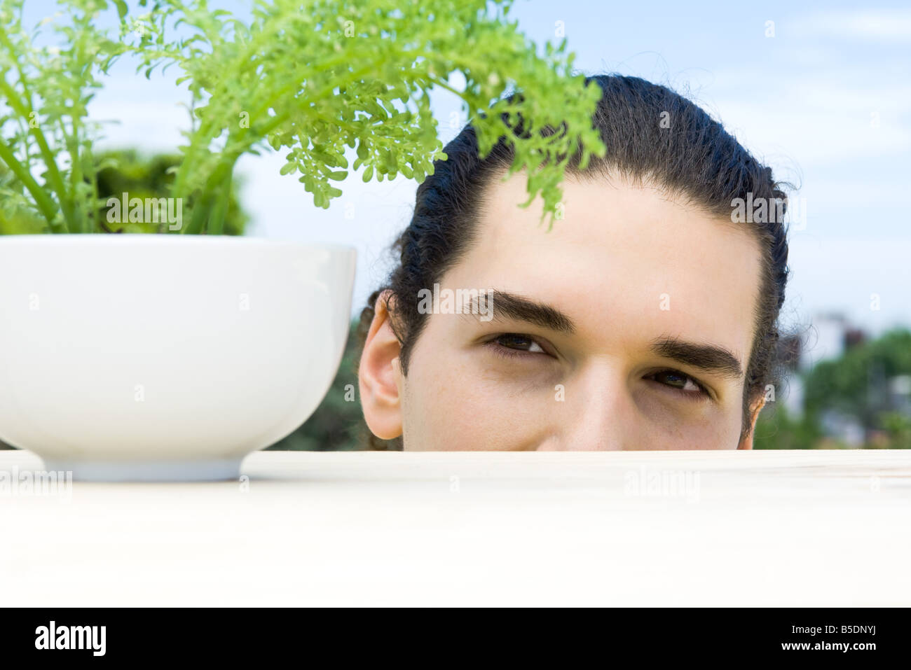Young man looking closely at potted thyme plant Stock Photo - Alamy
