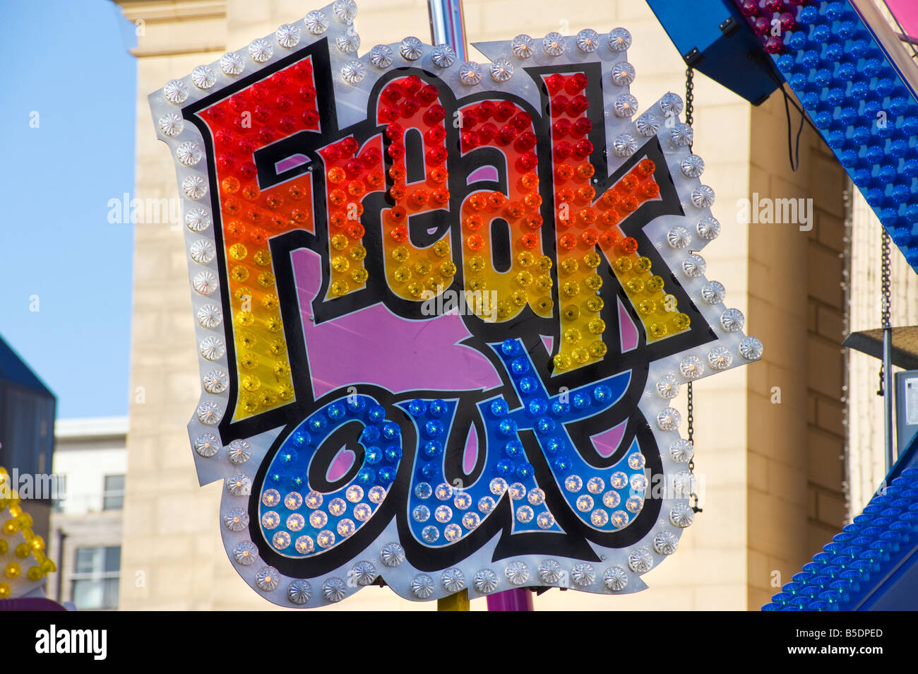 Freak Out sign on a Fairground ride Stock Photo