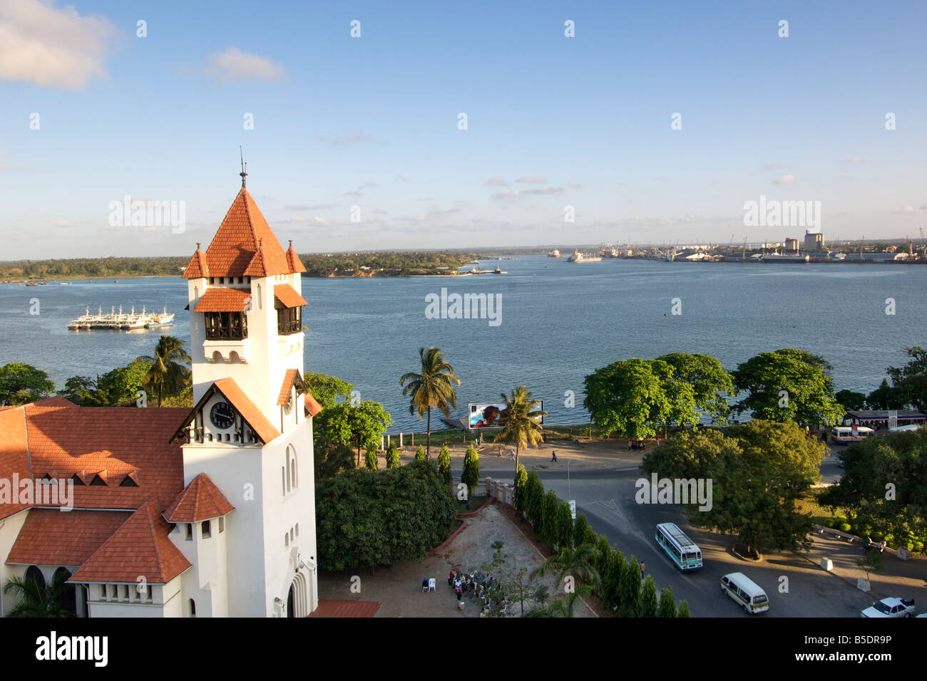 View of the Azania Front Lutheran Church and the harbour in Dar es Salaam, the capital of Tanzania. Stock Photo