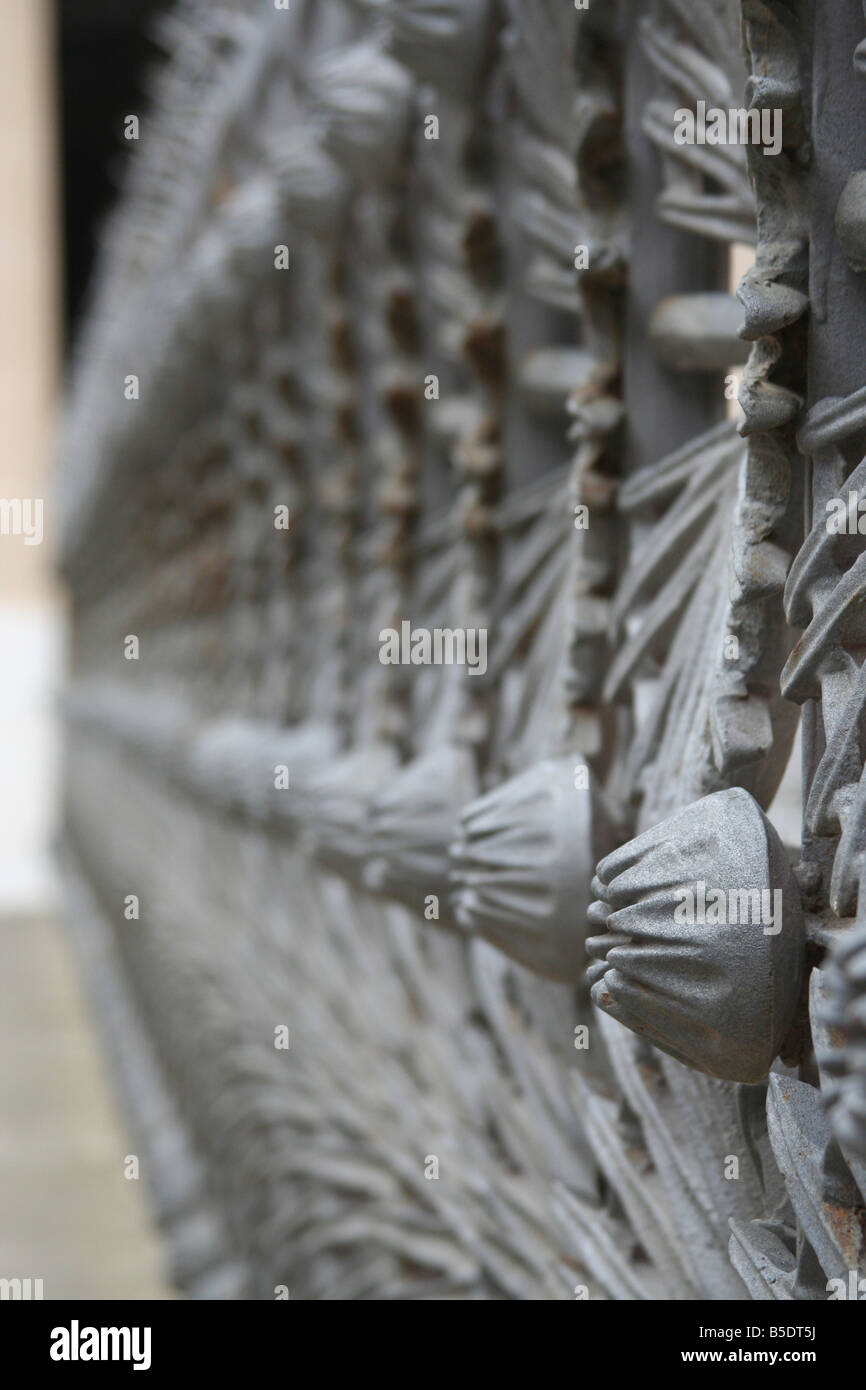 Close-up of an iron fence at Parc Guell, Barcelona. Portrait format. Stock Photo
