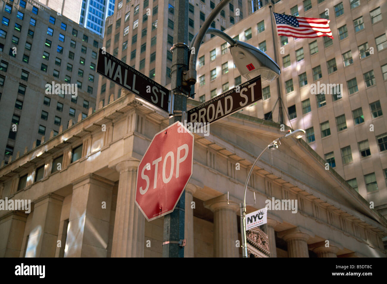 Stop sign at junction of Wall Street and Broad Street, New York 