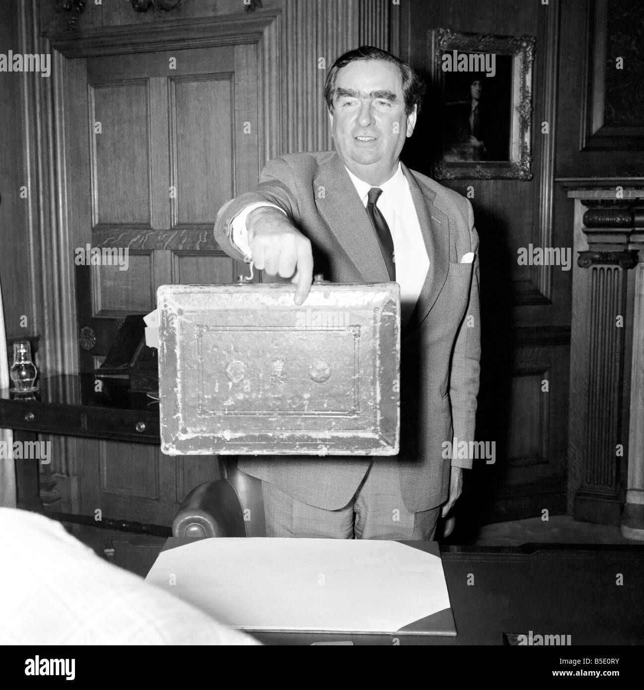 Chancellor Dennis Healey with (Dispatch) Budget Box. March 1976 Stock Photo