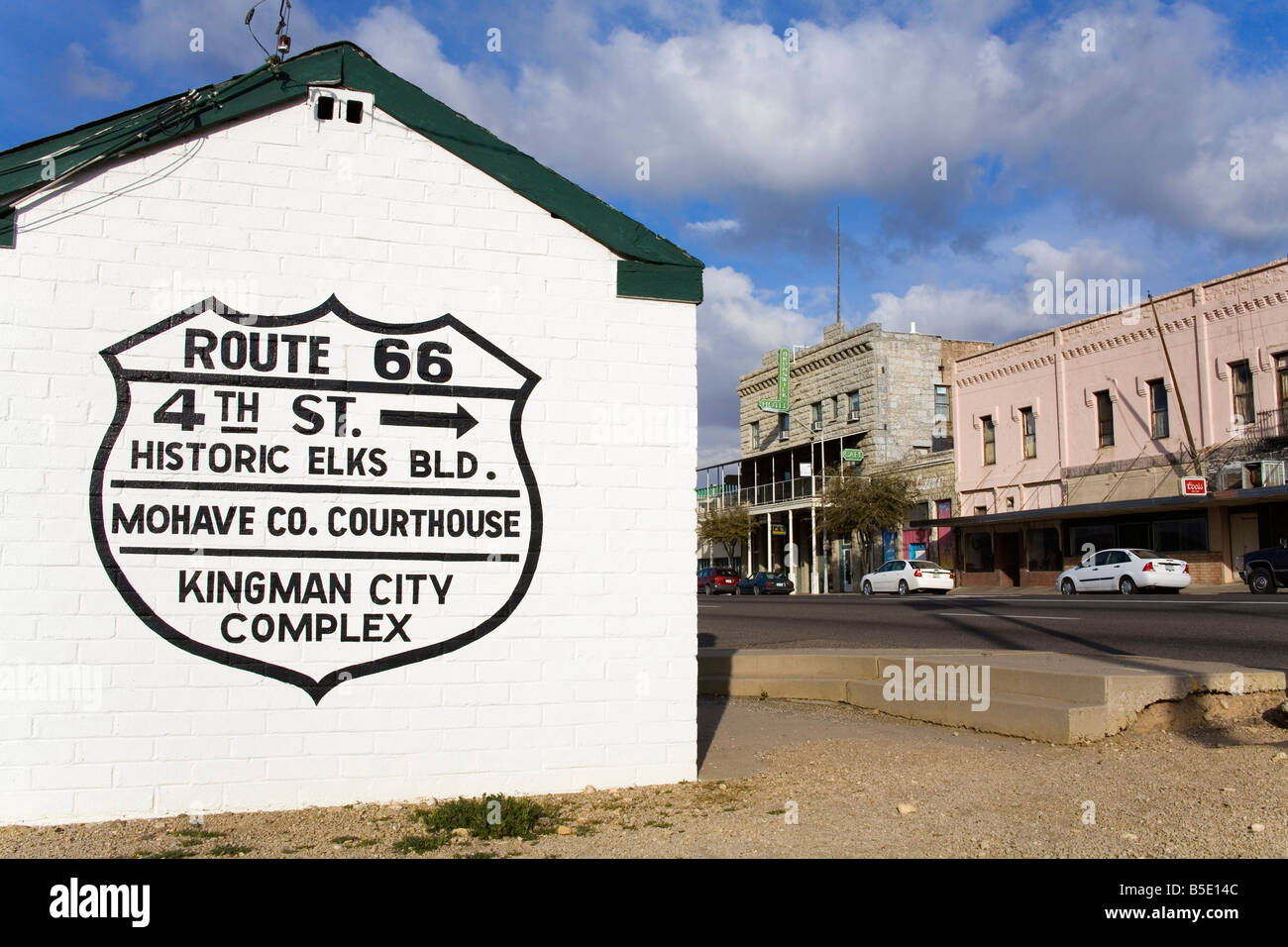 Historic Route 66 sign on Railway shed, Kingman City, Arizona, USA, North America Stock Photo