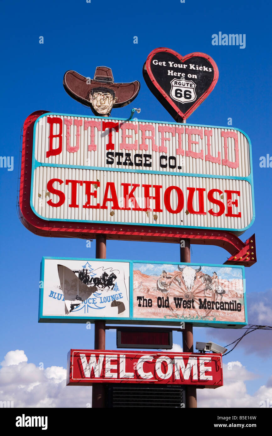 Butterfield Steakhouse sign, Holbrook City, Route 66, Arizona, USA, North America Stock Photo