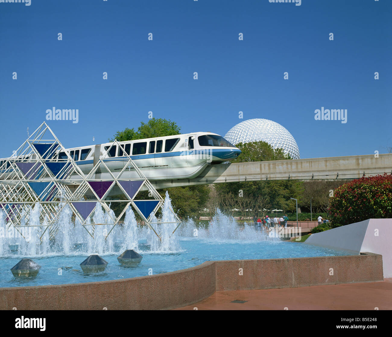 The Spaceship Earth Monorail, Journey into Imagination Fountain, and the geo-dome at the Epcot Centre, Orlando, Florida, USA Stock Photo