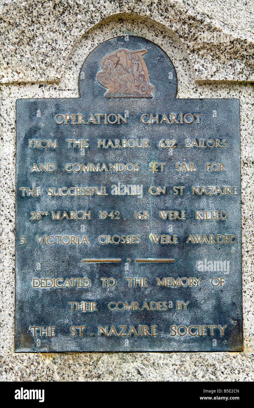 Commemorative plaque, The Nazaire Society, Falmoth harbour pier, Cornwall, UK. Stock Photo