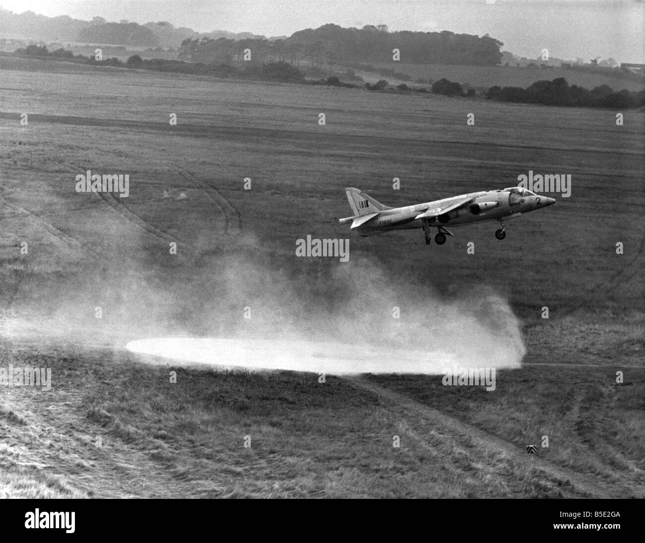 On the disused war time grass airfield of RAF Bircham Newton, Norfolk the world's most futuristic plane squadron has been showing its paces. The International jump jet squadron formed last year to fly the British Kestrel - later development of the Hawker Siddeley P1127. September 1965 Stock Photo