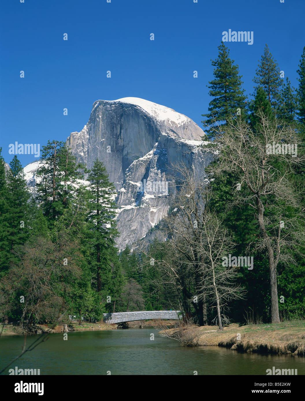 Trees beside a river frame the snow capped Half Dome mountain in Yosemite National Park California USA R Rainford Stock Photo