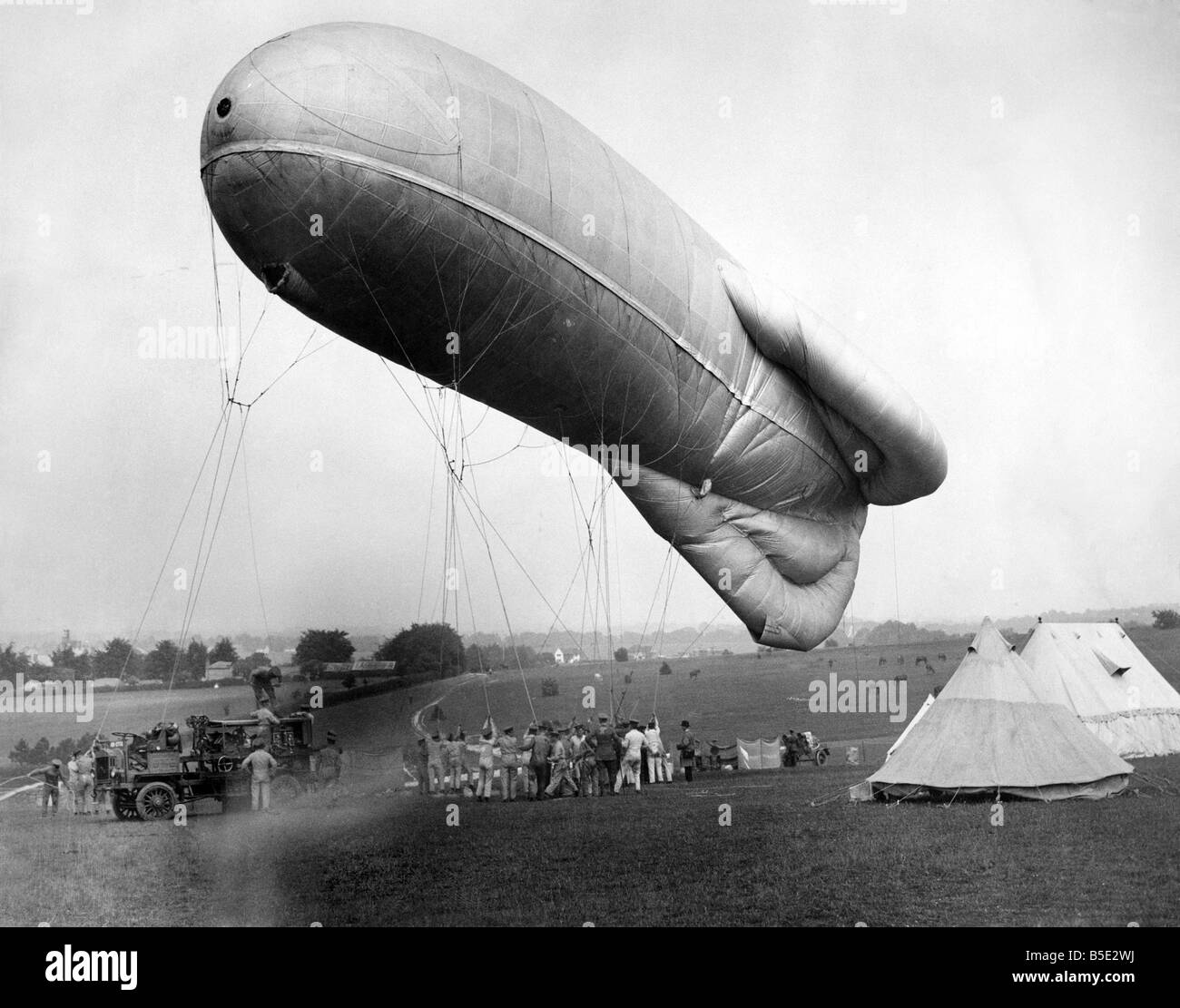 Observation balloon seen here being inflated at Epsom race course by members of the military. June 1924 P001276 Stock Photo