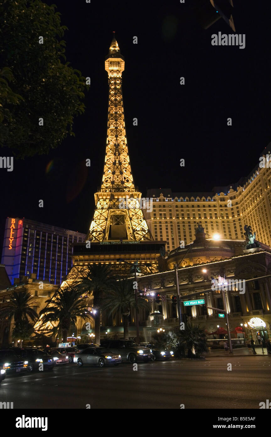 Paris Hotel with mini Eiffel Tower as seen through the fountains