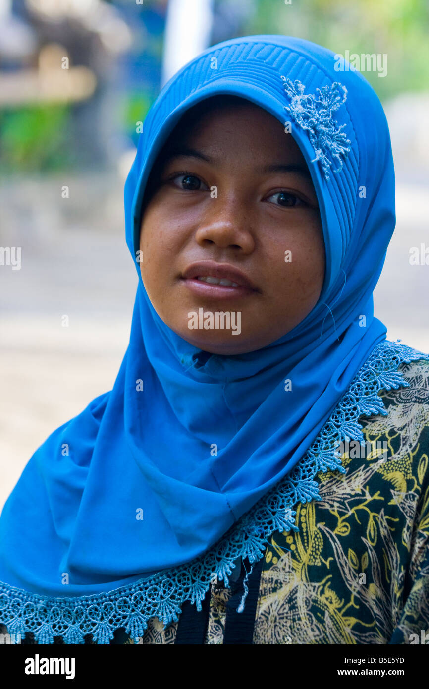 Teenage Muslim Girl on Gili Trawangan on Lombok Island in Indonesia Stock Photo