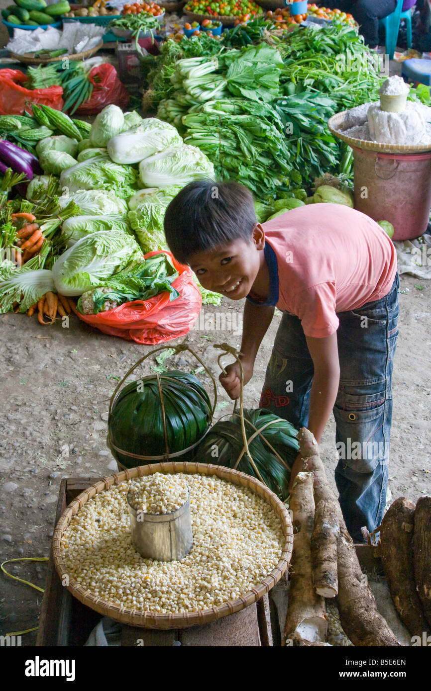Indonesian Boy in a Market in Rantepao on Sulawesi in Indonesia Stock Photo