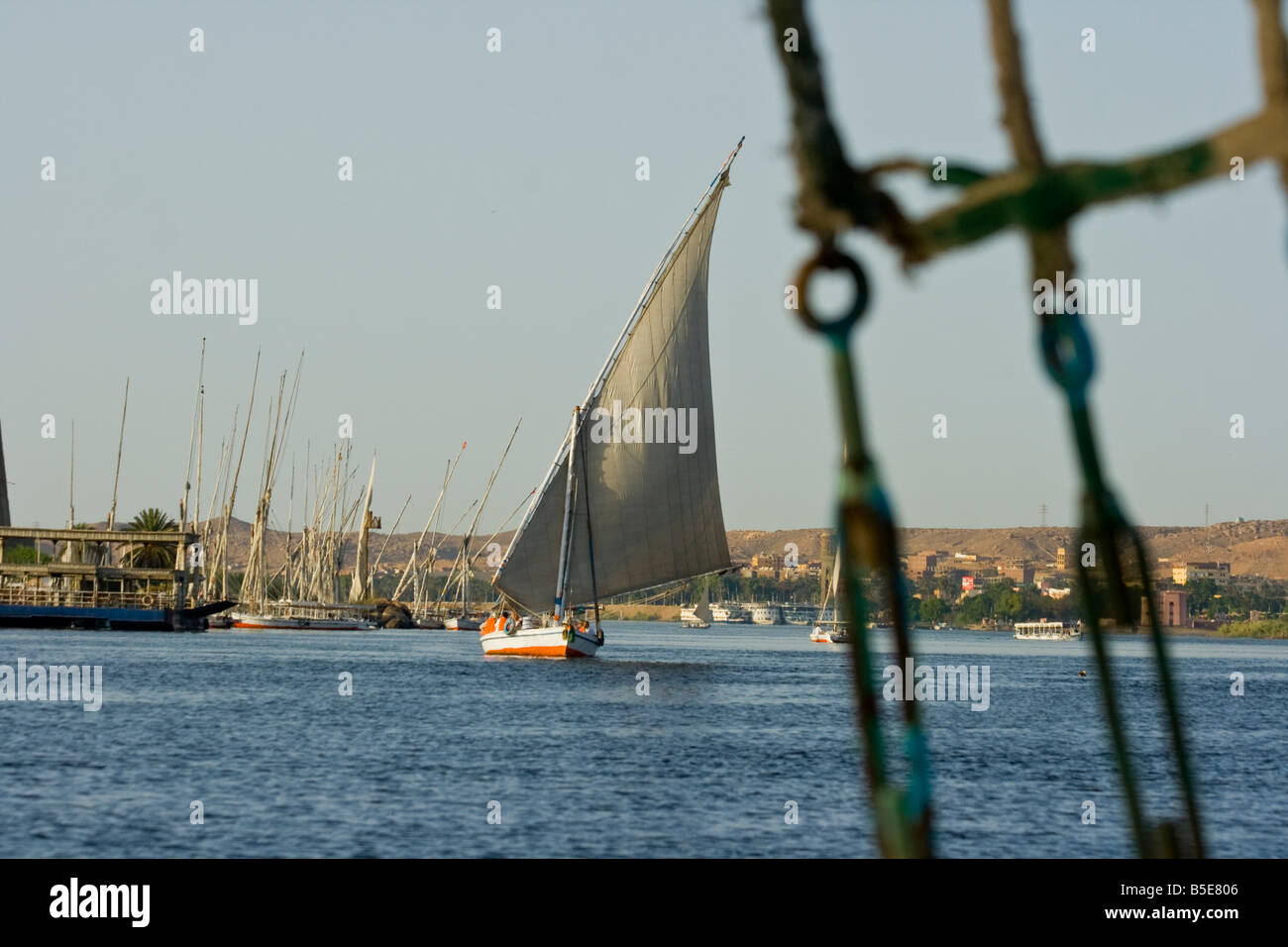 Felucca Sailboats on the Nile River in Aswan Egypt Stock Photo