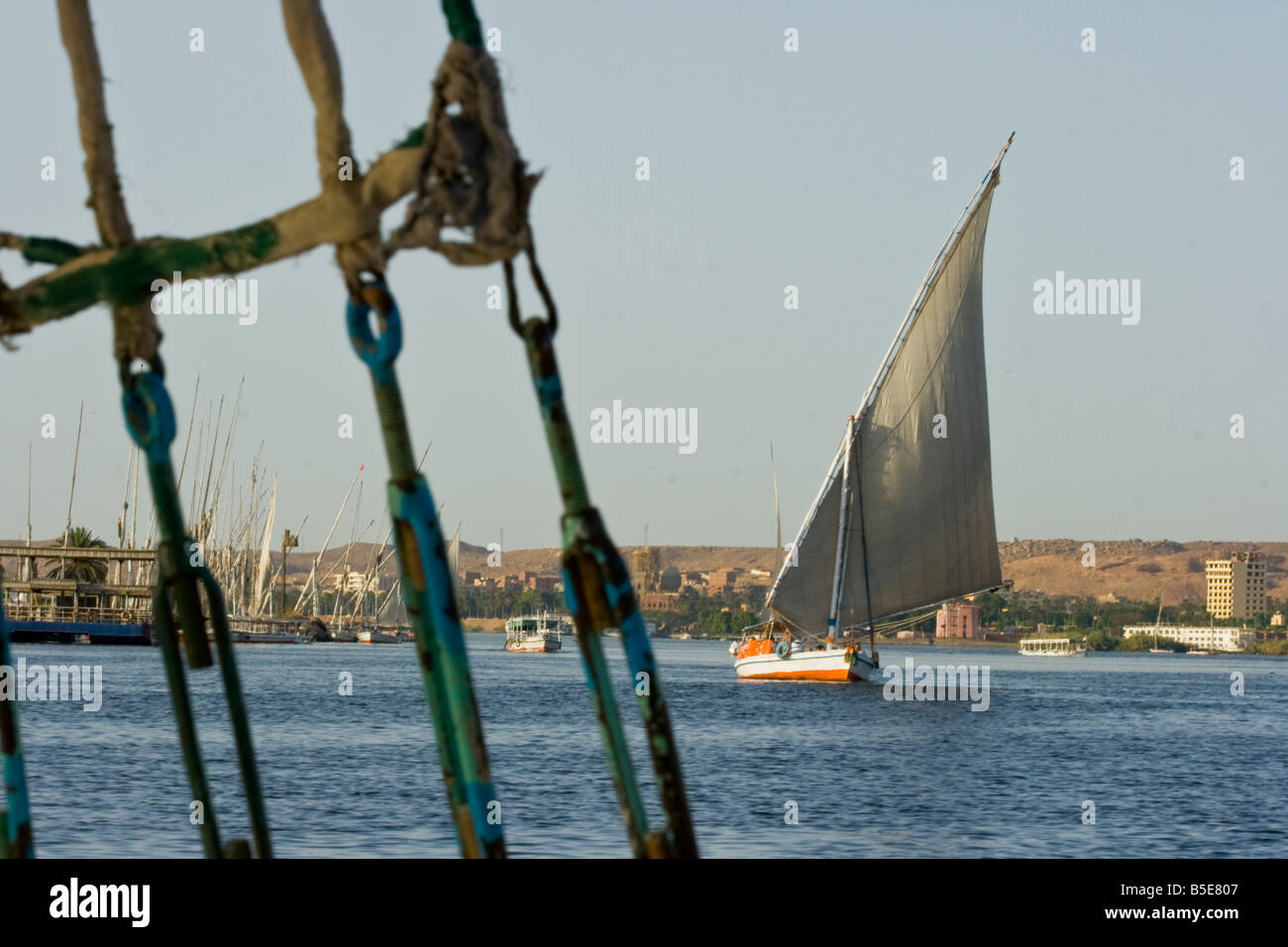 Felucca Sailboats on the Nile River in Aswan Egypt Stock Photo
