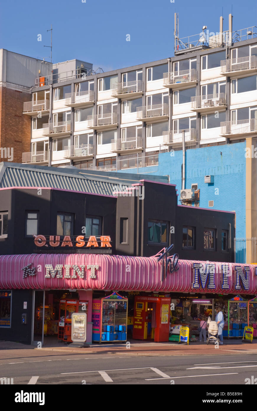 The Mint Amusement Arcade and Quasar laser shooting along the golden mile seafront promenade in Great Yarmouth Norfolk Uk Stock Photo