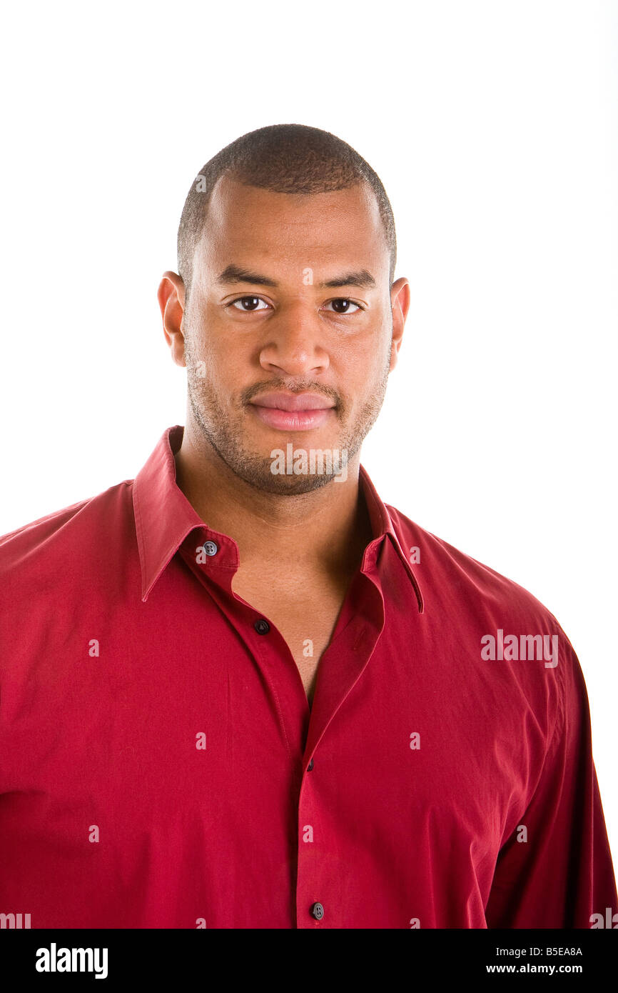 An attractive young athletic looking young black man in a red casual ...