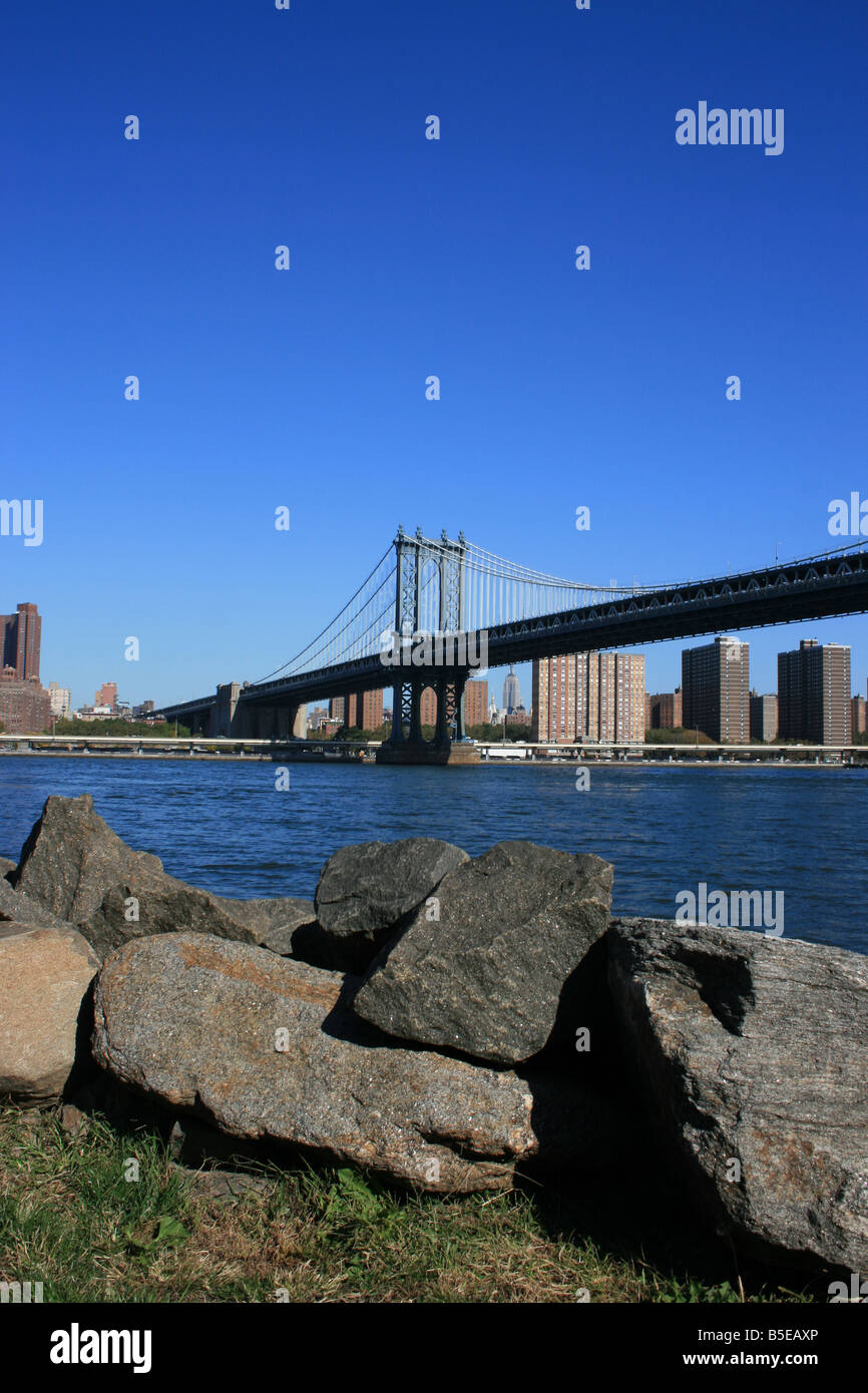 Manhattan Bridge and East River as seen from Brooklyn. Stock Photo