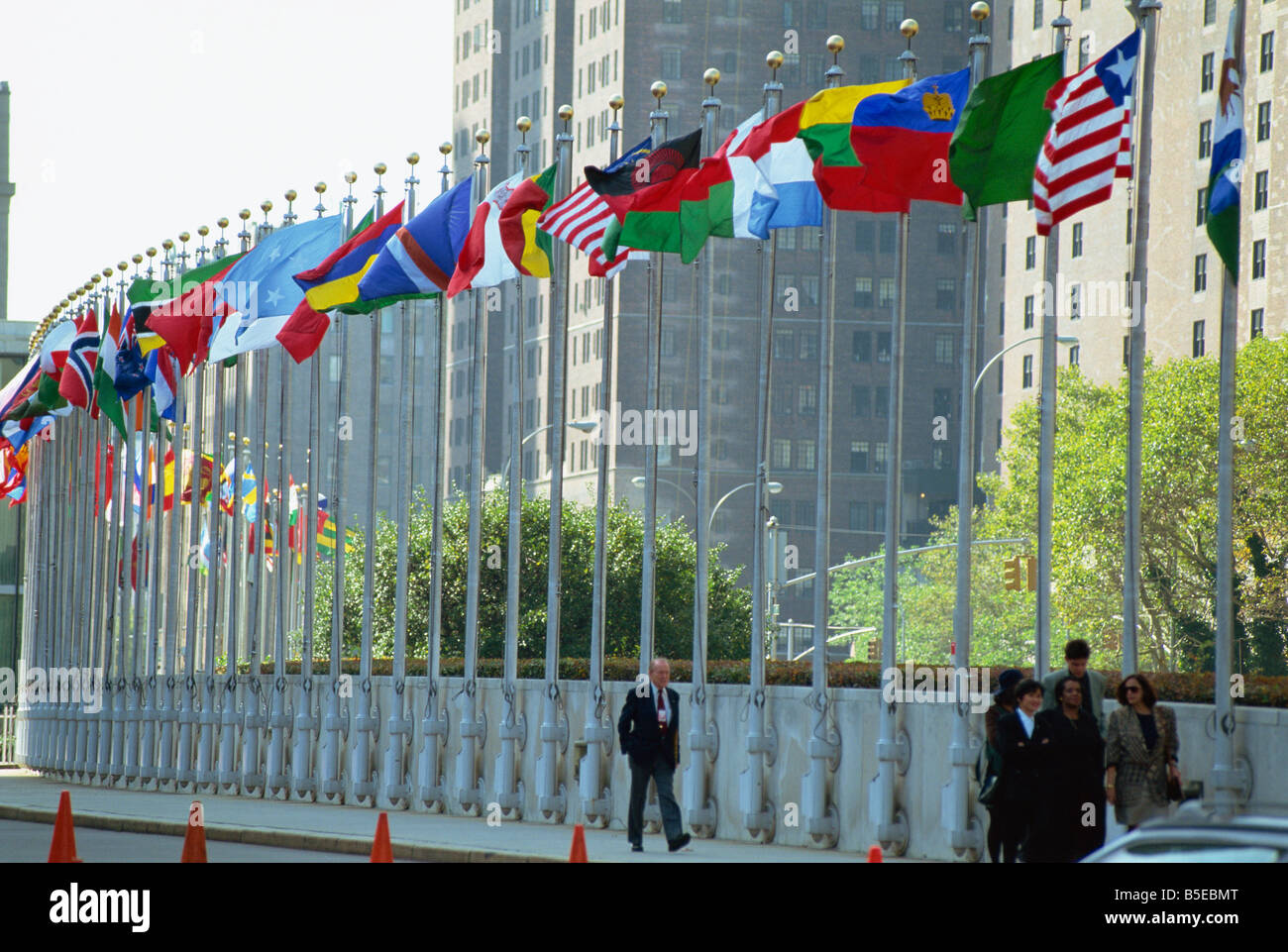 Line of flags outside the United Nations Building, Manhattan, New York City, USA, North America Stock Photo