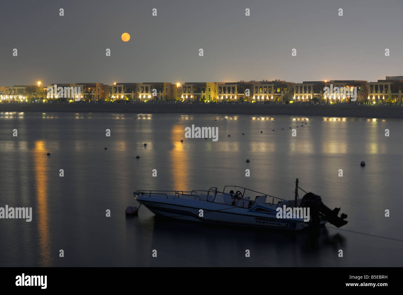 Full Moon over Beach and Bay Waterfront, Ras Al Khaimah UAE Stock Photo