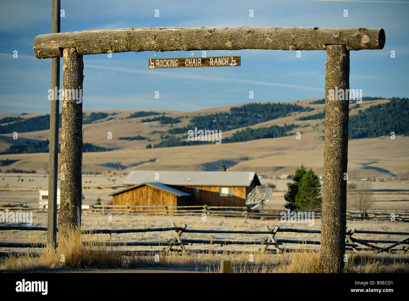 Ranch gate to Rocking Chair Ranch, near Philipsburg, Granite County, west Montana, USA, North America Stock Photo