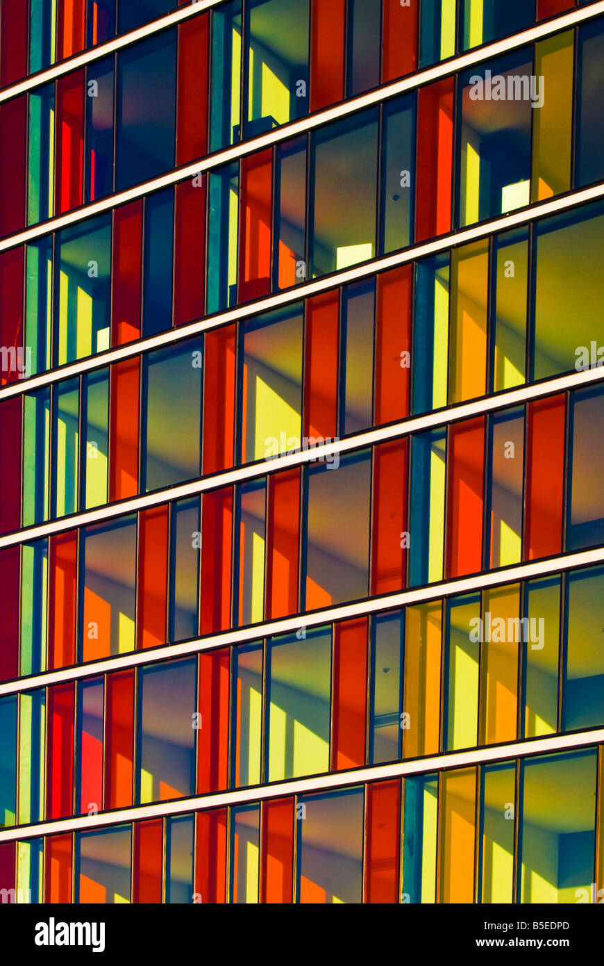 Coloured glass window of Crowne Plaza hotel, Manchester, UK Stock Photo