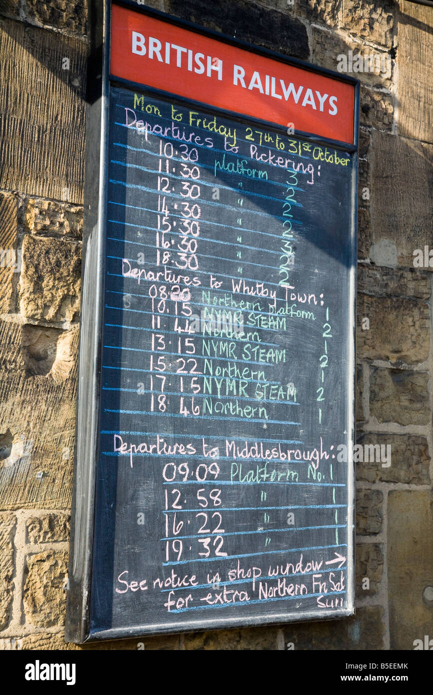 North Yorks British Railway Station Timetable, Train times, arrivals & departures. Grosmont, North Yorkshire Railway. Stock Photo