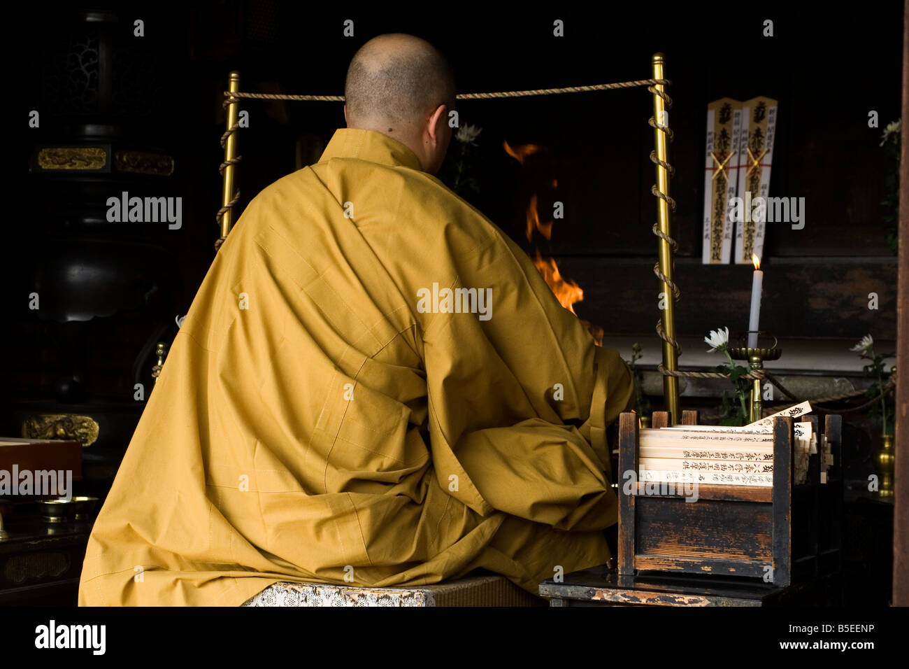 A Buddhist priest performs a ceremony at the Toji Temple in Kyoto