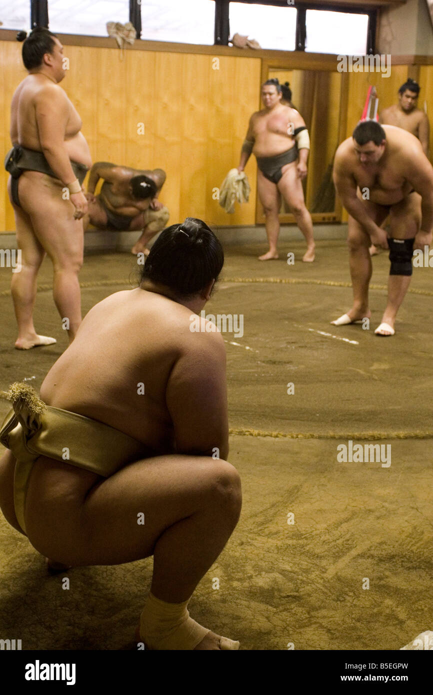 Early morning training at a Sumo stable in Japan. Stock Photo