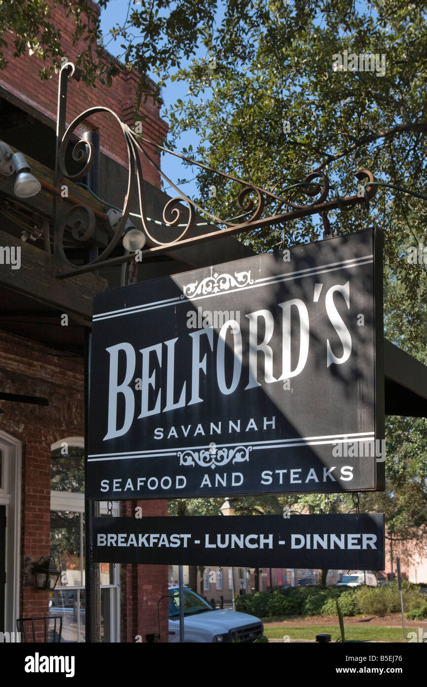 Sign for traditional restaurant in City Market, Historic District, Savannah, Georgia, USA Stock Photo