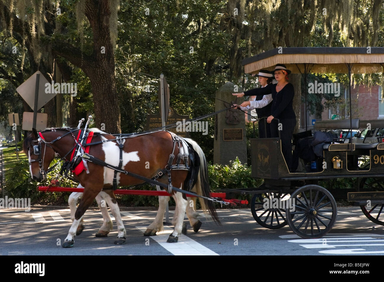 Horse and Carriage Ride on Bull Street in the Historic District, Savannah, Georgia, USA Stock Photo