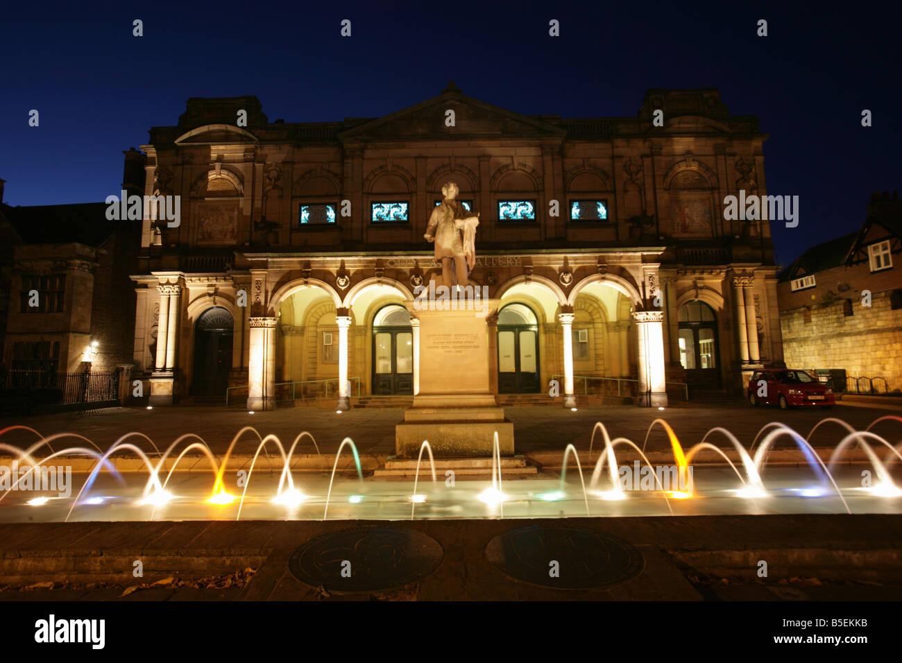 City of York, England. Night view of the William Etty statue and Edward Taylor designed York City Art Gallery. Stock Photo