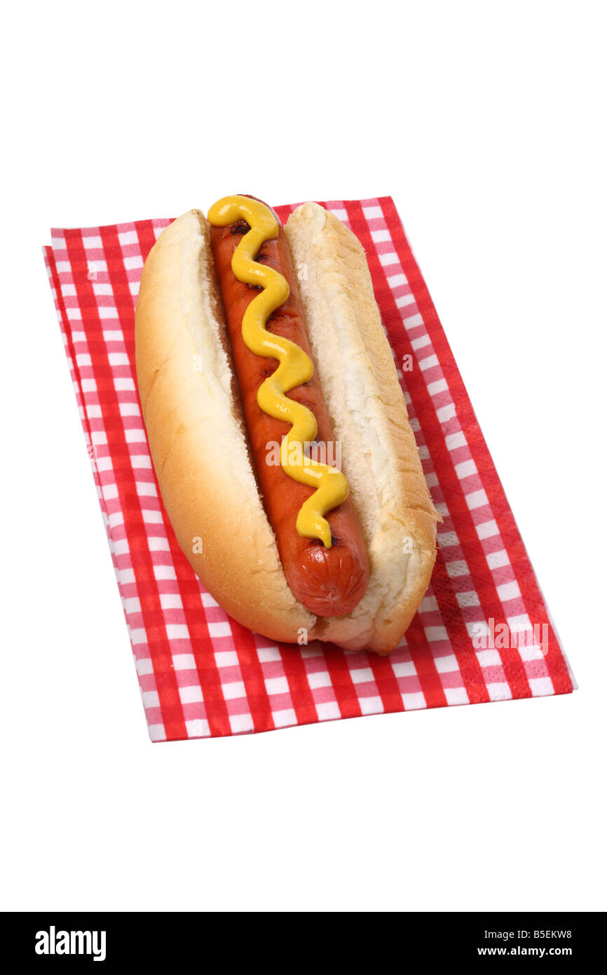 Hot dog on napkin cutout on white background Stock Photo