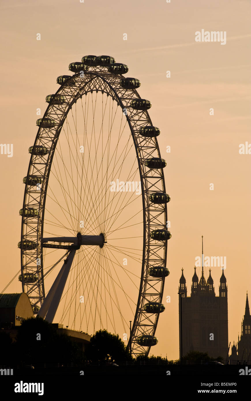 Silhouette of London Eye tourist attraction, London, UK Stock Photo