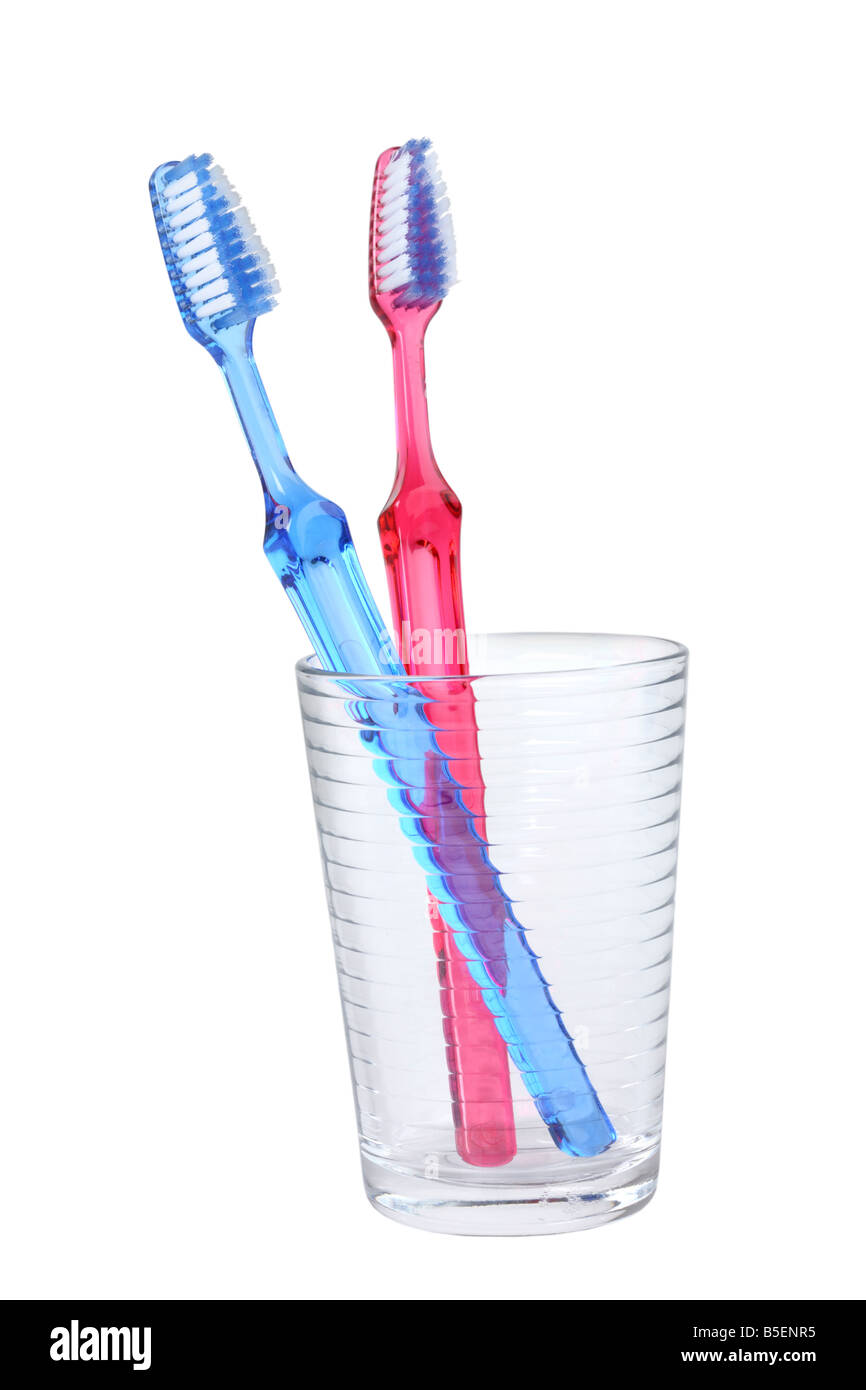 Two toothbrushes cutout on white background Stock Photo