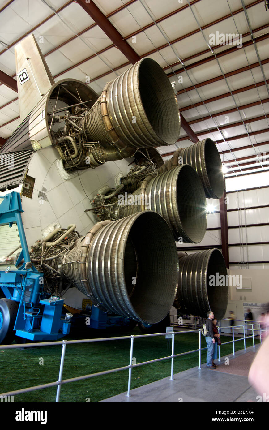Massive main booster engines of the Saturn V rocket used in the Apollo