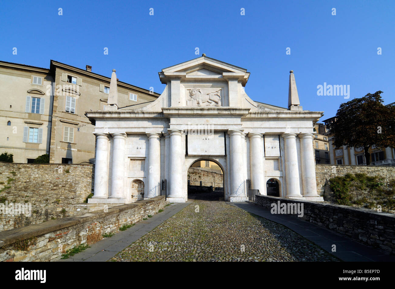 The main gate leading to the old town of Bergamo, in northern Italy. Stock Photo