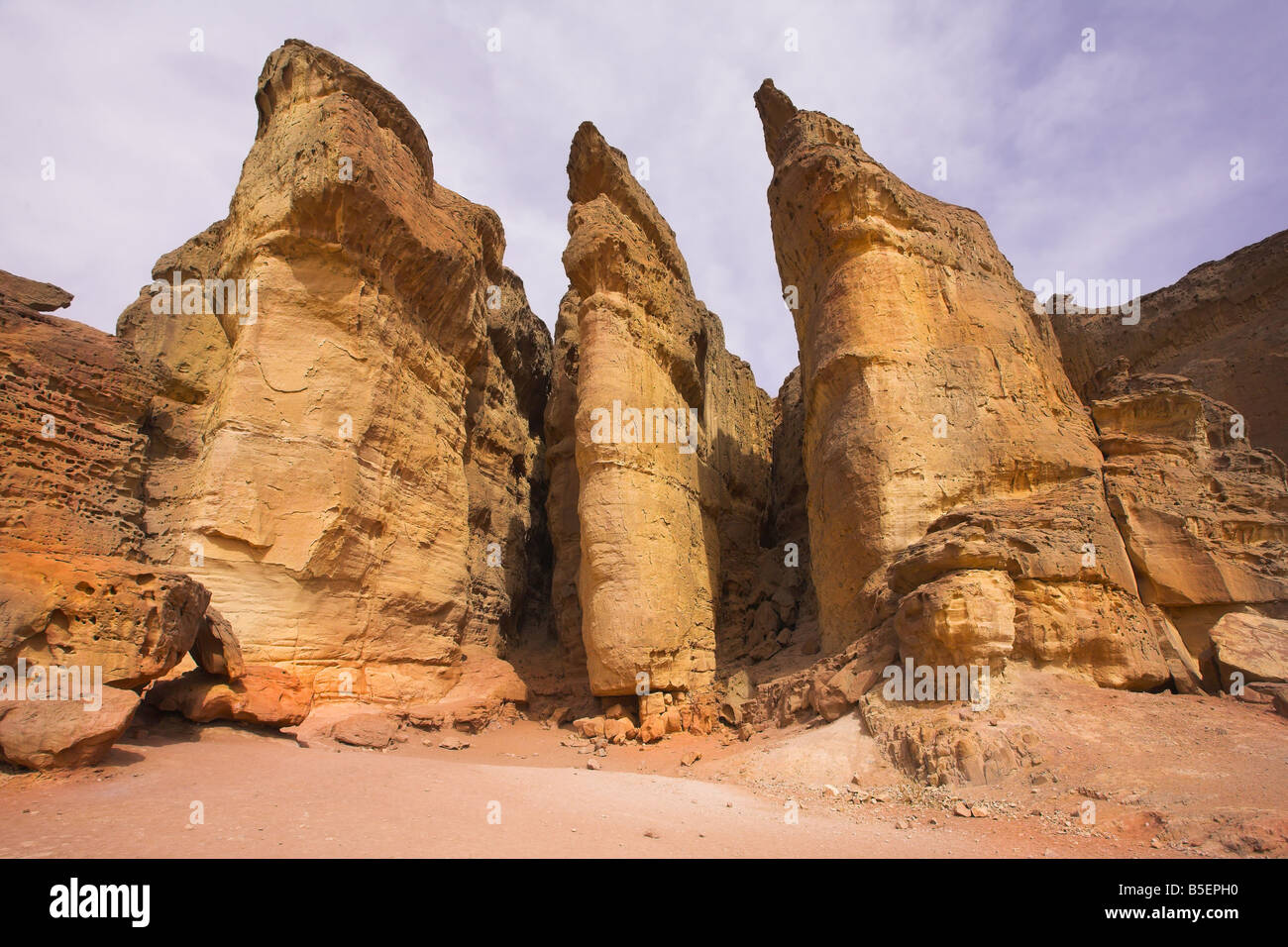 Columns of tsar Solomon huge rocks of the freakish form in Park Timna in Israel Stock Photo