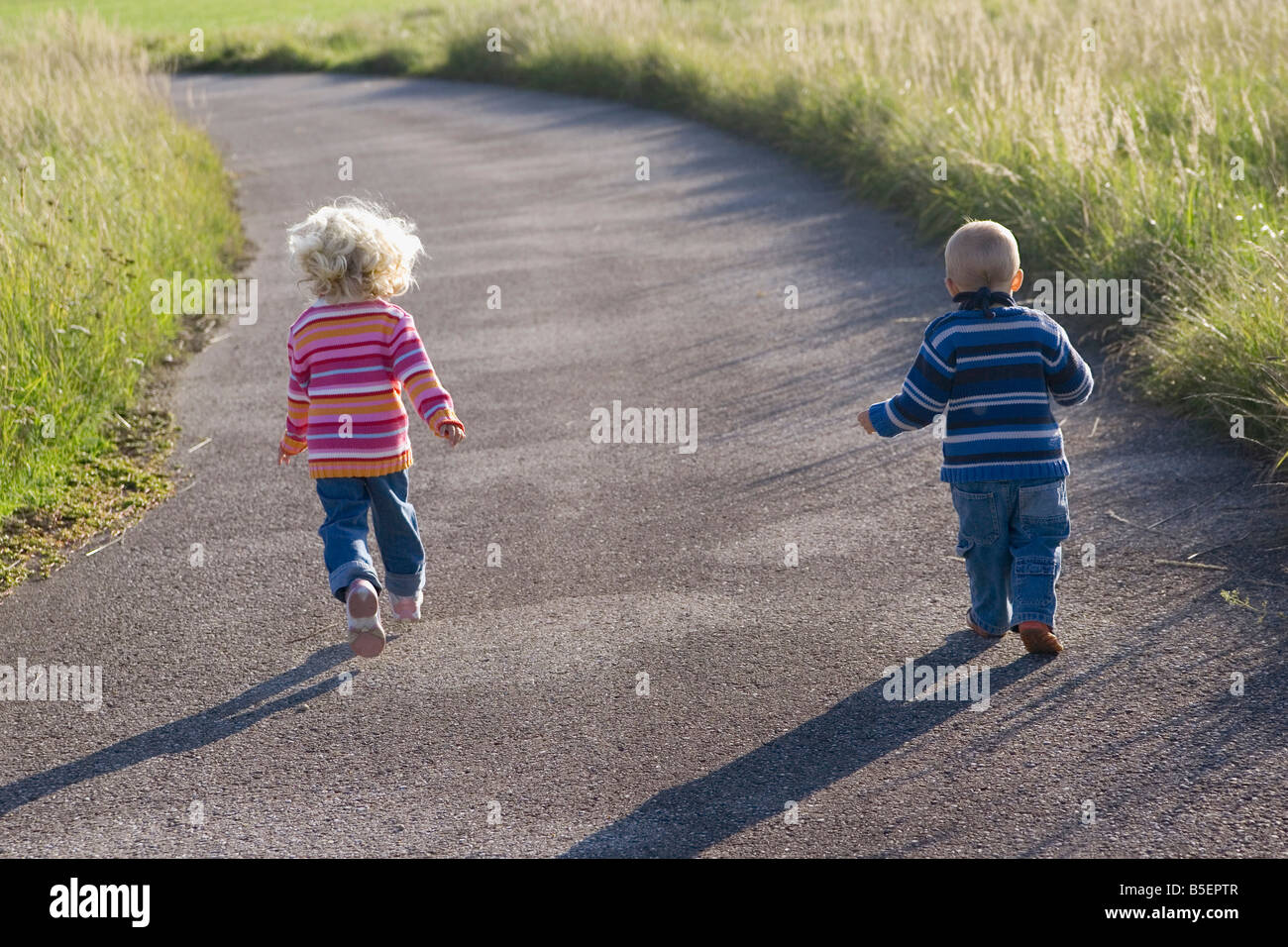 Little girl (2-3) and boy (1-2) running across path, rear view Stock Photo