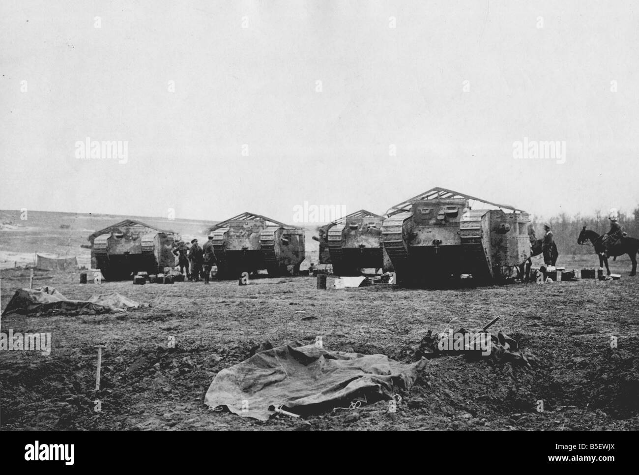 Mark One heavy tanks seen here being prepared for battle on the Somme battlefield on the Western Front. September 1916 Stock Photo